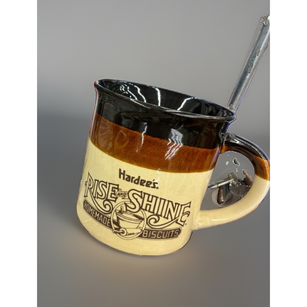 Hardees Coffee Mug Rise and Shine, 1980s Free Coffee For Life Mug